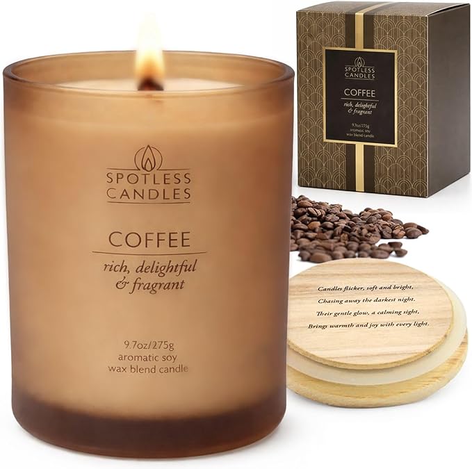 Coffee Candle - 9.7oz 55 Hrs Burn Time - Frosted Jar Candles with Wooden Wick in Gift Box with Gold Foil Strip for Elegence - Coffee Scented Candle