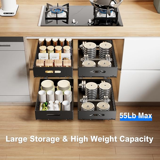 2 Pack Pull Out Cabinet Organizer, Slide Out Drawers for Cabinets, Peel and Stick, Heavy Duty Shelves for Kitchen, Cupboard, Pantry, Bathroom (16.5"D*11.8"W*3.94"H-Black)