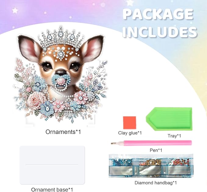 antor Diamond Painting Desktop Ornament Kit, Acrylic Diamond Art Tabletop Decoration, Special Shape Crystal Diamond Painting Desk Figurine Decor DIY Crafts Gift, Deer with Crown