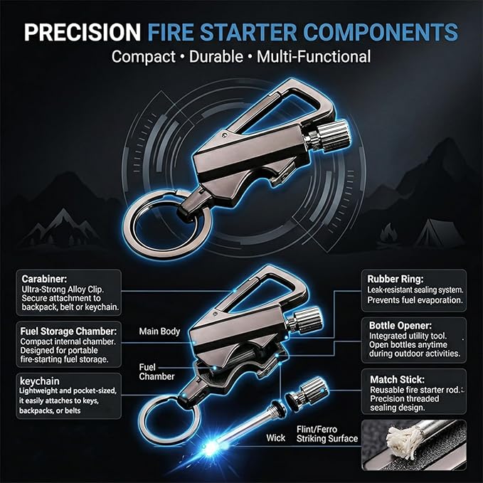 Permanent Match Infinity Lighter with Multitool Keychain Bottle Opener, Waterproof Reusable Windproof Matchstick Fire Starter for Camping, Hiking, Survival, Outdoor Use (B+G+S)