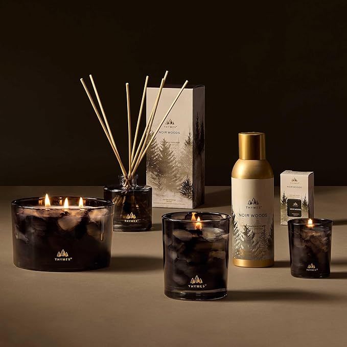 Thymes Noir Woods Scented Candles for Home Decor – Notes of Fresh Evergreen, Smoky Wood & Golden Amber – Luxury Home Fragrance Gifts for Women & Men – Burns Up to 38 Hrs (Large 3 Wick Candle, 18 oz)