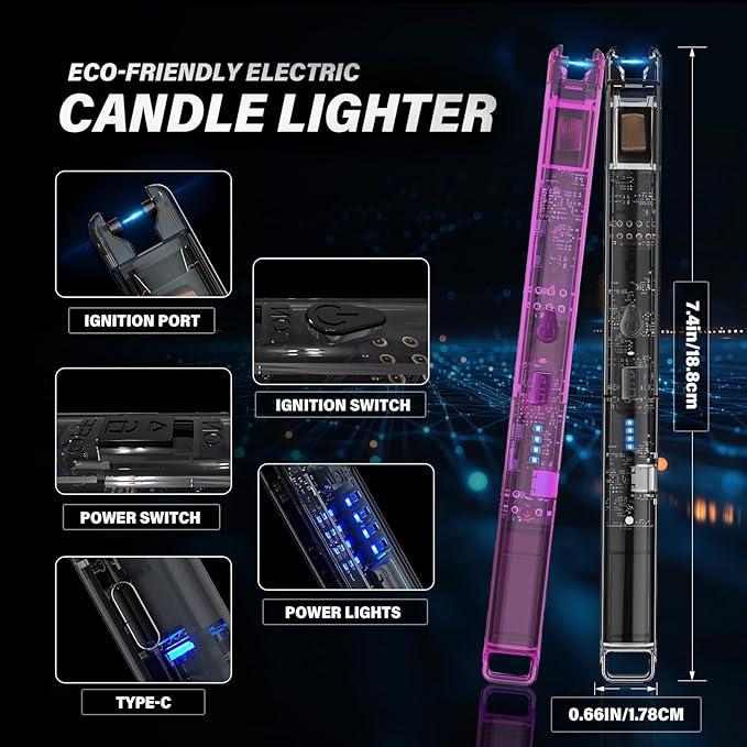 KTEBO 2 Pack Electric Candle Lighters - 7.4 inch Long USB Rechargeable Plasma Arc Lighter with Safety Lock, Windproof Lighter for Candles, Grill, Camping - See-Through Tech Design, Stocking Stuffers