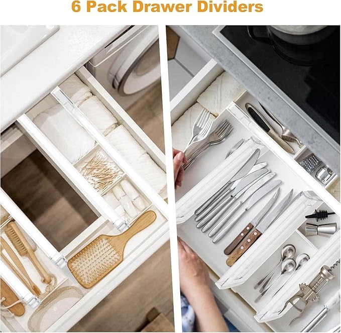 6 Pack Adjustable Drawer Dividers - 4" High Clear Expandable Dresser Organizers 10"-17" Length, Transparent Drawer Separators for Clothes, Underwear, Cosmetics & Kitchen Utensils Storage