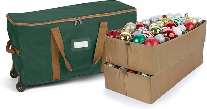Covermates Keepsakes Rolling Adjustable Ornament Storage Bag – Heavy-Duty Polyester, FlexGrid Trays & Padded Dividers – Protective Holiday Organizer with Wheels, Handles & ID Window, Green