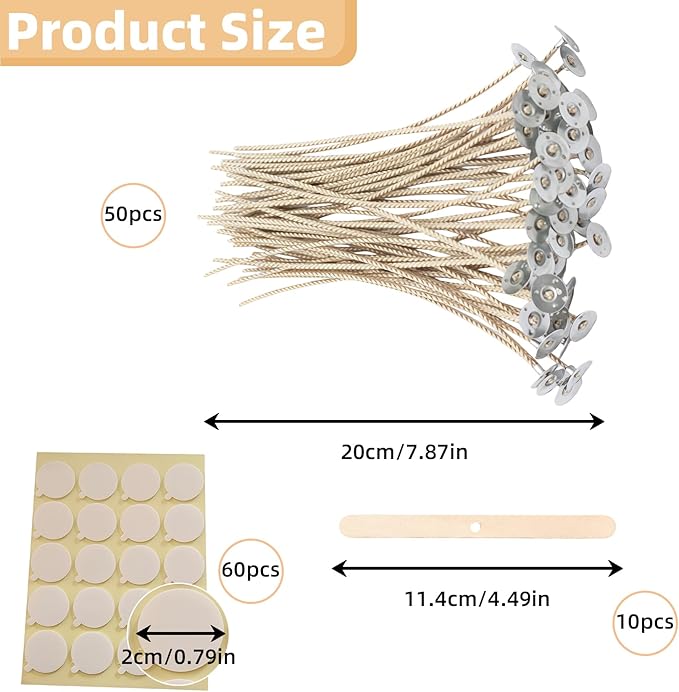 Candle Wicks Kit - 50pcs 8 Inch Natural Candles Wicks with 10pcs Wooden Holders 120 Pcs Wick Stickers for Soy Wax Beeswax Coconut Wax Candle Making Supplies