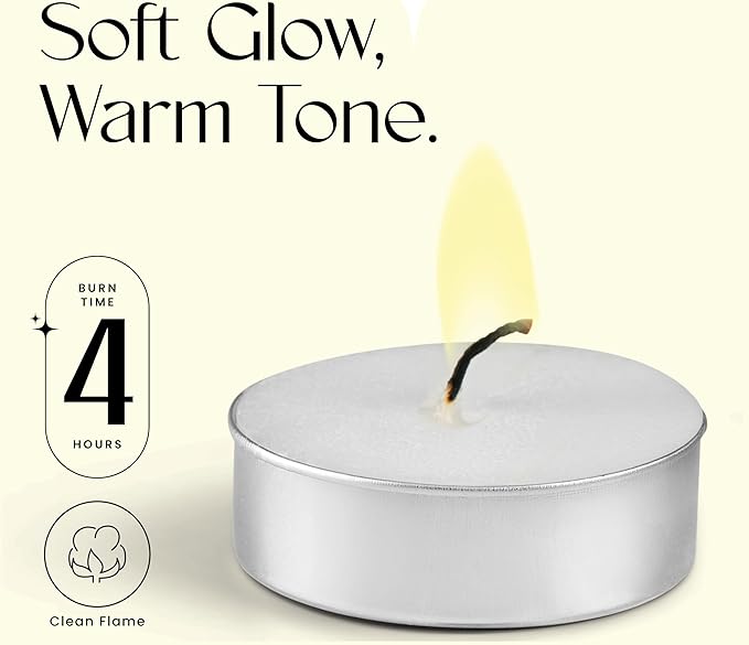 Leor & Lair Tealight Candles 100 Pack – 4 Hour Long Burning Tea Lights for Emergency, Family Meals, Home Décor & Daily Use – Unscented Small Tea Candles for Power Outages