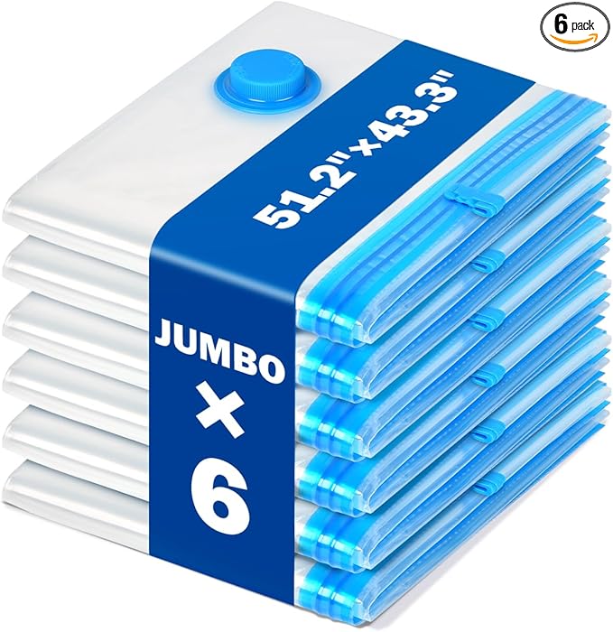 6 Pack Jumbo Extra Large 51.2” x 43.3” Vacuum Storage Bags for King Size Comforter Bedding Pillow, 5XL Vacuum Seal Bags Space Saver Reusable Heavy Duty for Coat Quilt Blanket Clothing
