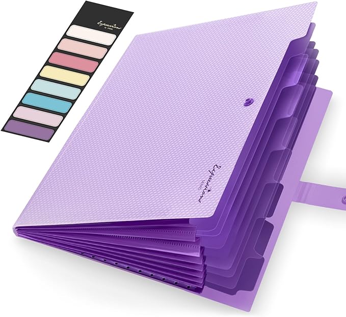 Sooez Accordion File Organizer, Letter Size Expanding File Folder with Labels, 8 Pocket Folders for Document, Portable Paper Bill Receipt Organizer for Home School Office Supplies, A4 Size, Purple