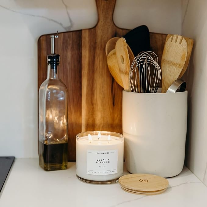 Calyan Wax Co. Cedar & Tobacco 3 Wick Scented Candle - 43 Hour Burn - Luxury 3 Wick Soy Candles - Non Toxic Soy Wax Candles - Long Lasting Large Glass Jar Candle for Home - 14.9oz