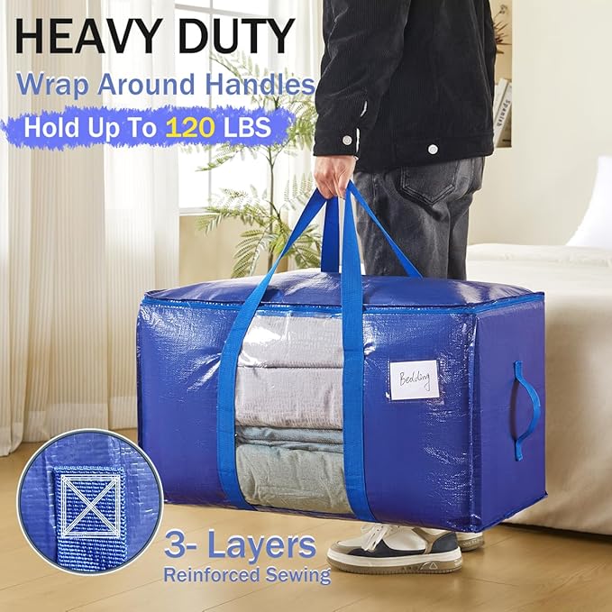 6 Pack Moving Bags Heavy Duty, Large Storage Bags with Visible Window and Zipper, Stronger Wrap-Around Handle and Waterproof Material, Clothes and Blankets Storage, Alternative to Moving Boxes