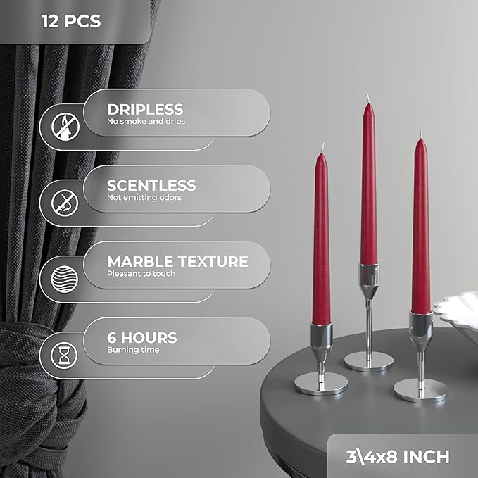 CANDWAX 8 inch Bordeaux Taper Candles Set of 12 - Unscented Smokeless Dripless Tall Candlesticks - Ideal for Home Decor, Thanksgiving or as Christmas Candles - Tapered Christmas Candle Sticks