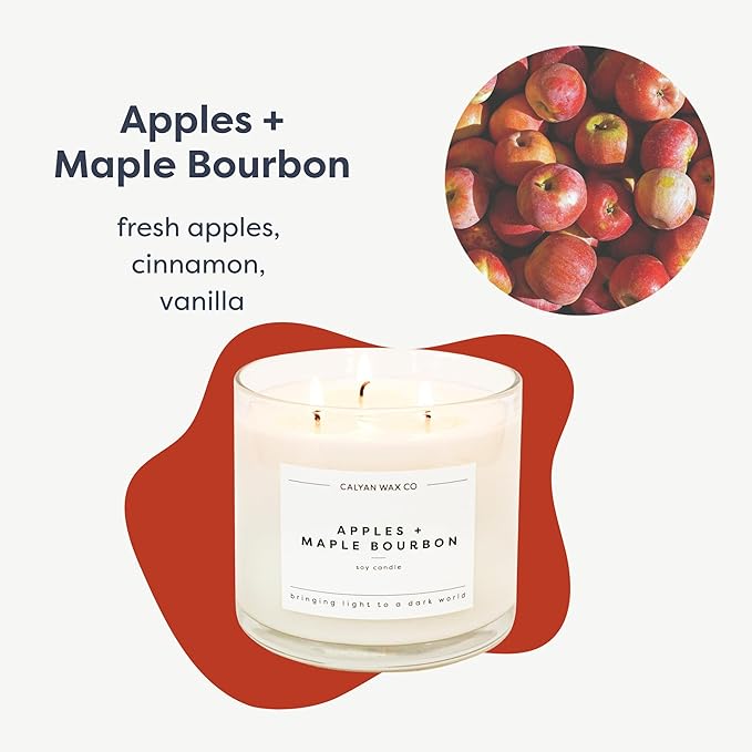 Calyan Wax Co. Apples & Maple Bourbon 3 Wick Scented Candle - 43 Hour Burn - Luxury 3 Wick Soy Candles - Non Toxic Soy Wax Candles - Long Lasting Large Glass Jar Candle for Home - 14.9oz