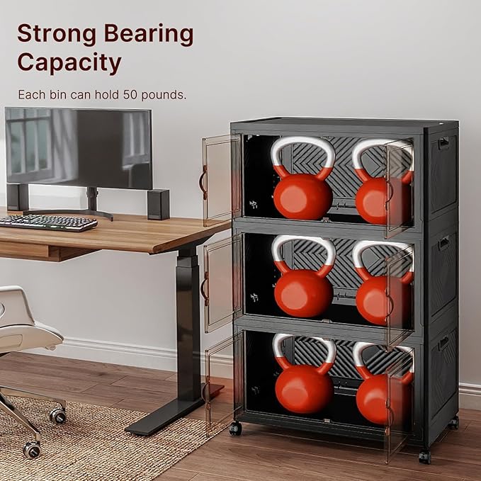Stackable Storage Bins with Lids & Wheels & Door, Foldable Collapsible Closet Organizers, Extra Large Plastic Storage Drawers for Bedroom Dorm Office Garage (Dark-112QT, 3Pack with 1 top lid)