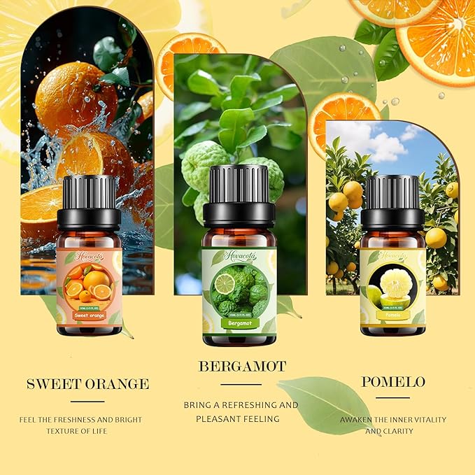 Essential Oil Set, Pure Essential Oils for Diffusers Home, Skin Care, Massage, Aromatherapy, Humidifiers, Fragrance Oil Scents Including Sweet Orange, Bergamot, Lemon, Grapefruit, Citrus, Lime.
