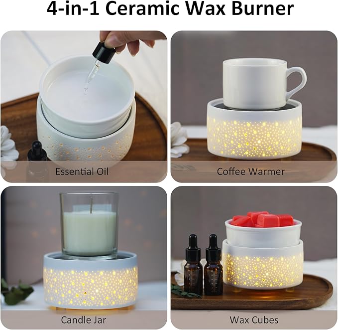 Wax Melt Warmer Ceramic 3-in-1 Oil Burner Electric Candle Wax Warmer Burner Heating Plate Melter Fragrance Warmer for Scented Waxs Home Office Bedroom Aromatherapy Gift& Décor