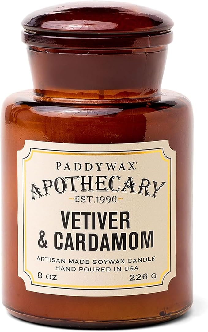 Paddywax Artisan Apothecary Scented Candle with Lid in Reusable Glass Jar, Clean-Burn Soy Candle with Approx. 54 Hour Burn Time, Vetiver & Cardamom, 8 oz.