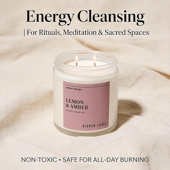 Hidden Label Lemon & Amber Scented Candle | 12oz Natural Soy Candle | Warm Citrus & Golden Amber | 70-Hour Clean Burn | Modern Boho Home Décor | Cozy Hygge Gift for Women, Housewarming