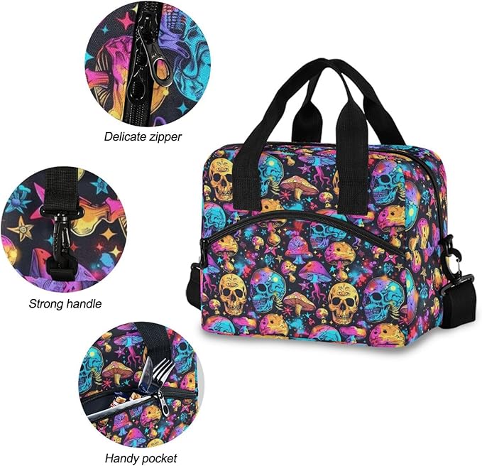 CBBYY Lunch Bags for Women Men, Reusable Insulated Lunch Box, Adjustable Shoulder Straps Tote Lunch Bag for Work Picnic School (Psychedelic skull)