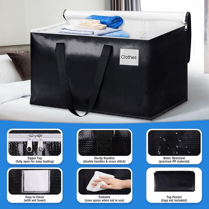 BlissTotes Moving Bags, Heavy Duty Moving Boxes with Zippers Top and Sturdy Handles, Storage Bags for Space Saving and Packing, Collapsible Moving Supplies, Storage Totes (125L, 6-Pack, Black)