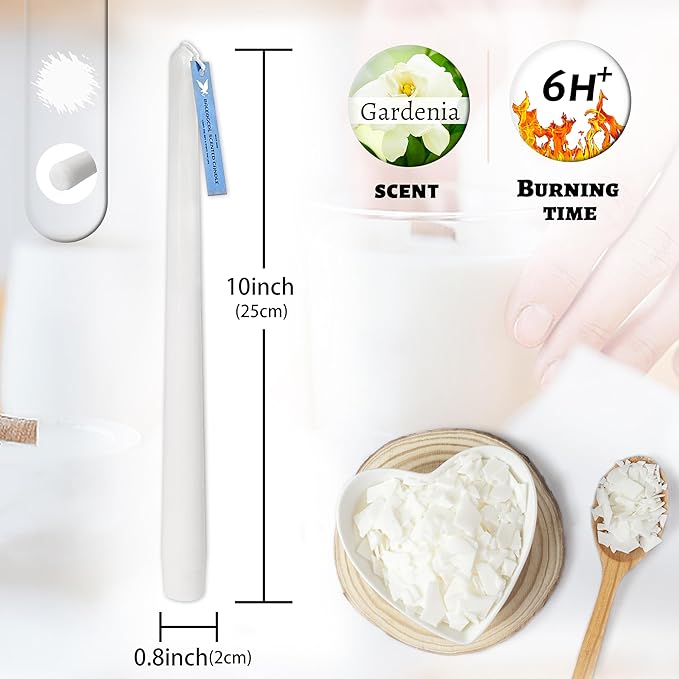 Dripless Gardenia Scented Classic White Taper Candles Smokeless Long Lasting Burn Elegant Tall 10 Inch Candlesticks for Home Décor Anniversary Celebrations Romantic Evenings