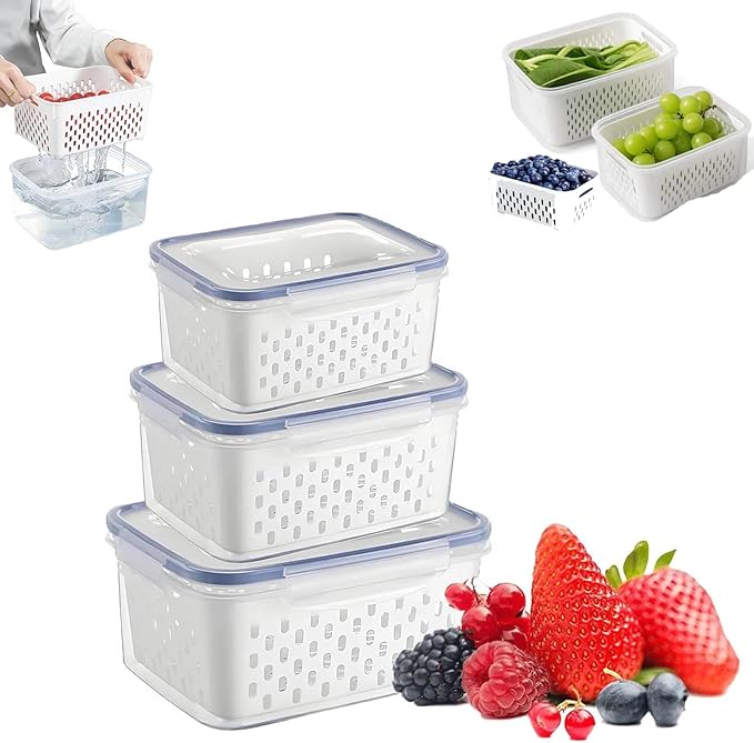 QUROXO 4 in 1 Food Storage Container-3 Piece Set, Household Transparent Plastic Food Storage Box with Lids, Food Fruit Storage Containers for Fridge with Drain Basket (Blue)