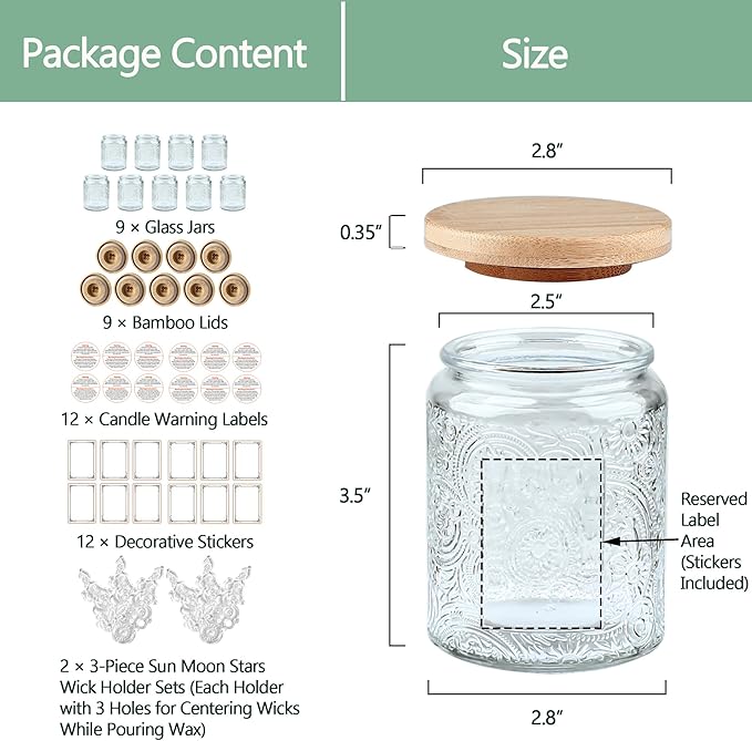 9-Pack 8oz Embossed Glass Candle Container with Bamboo Lids and Labels, Clear Candle Jars for Making Candles, Sun Moon Star Design