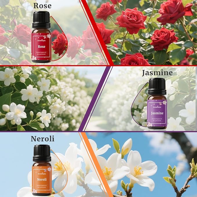Floral Fragrance Oils, Aromtopia Flower Essential Oils for Diffusers for Home, 6x10ml, Fragrance Oil for Candle Soap Making, Lavender, Rose, Gardenia, Cherry Blossom, Jasmine, Neroli