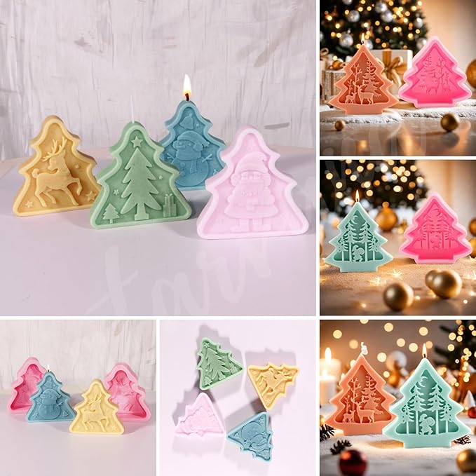 6pcs Christmas Tree Shaped Silicone Mold Set, Atarvana Relief Style Christmas Molds with 10pcs Candle Wick for Soap Candle Making -Christmas Trees, Santa Claus, Reindeer, Snowman