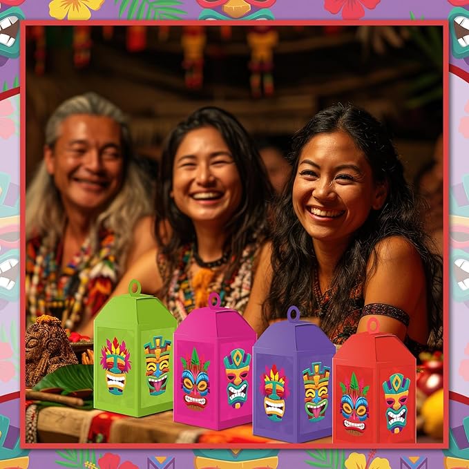 Simgoing 24 Sets Tiki Crafts with LED Candle Light Hawaii Party Decors Tiki Tissue Paper Crafts Kits DIY Your Own Tropical Totem Box Lanterns Hanging for Home Summer Luau Themed Art Party Decorations