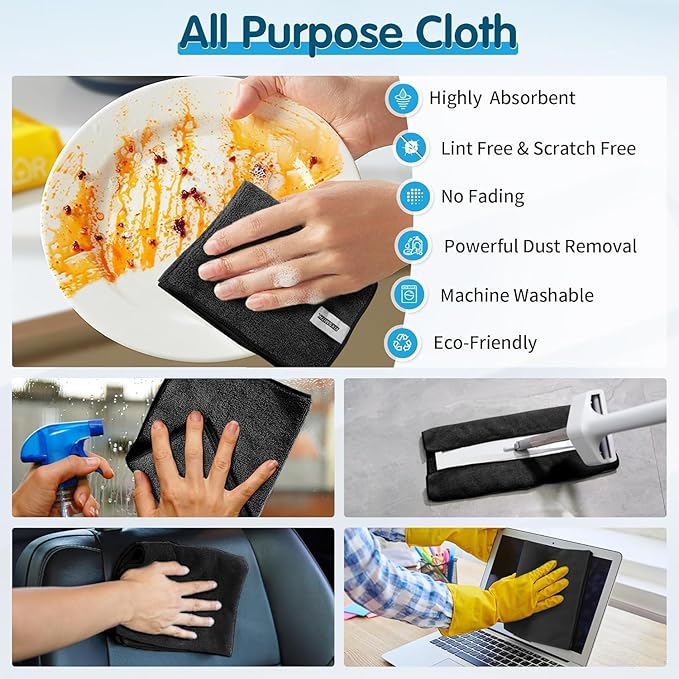 FIXSMITH Black Microfiber Cleaning Cloth -Pack of 24, Highly Absorbent Cleaning Rags, 16"X12" All Purpose Cleaning Towels for Housekeeping, Kitchen, Car, Lint Free and Reusable Microfiber Towels
