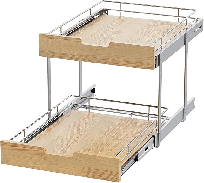 Sikarou Pull Out Cabinet Organizer,Heavy-Duty Slide Out Shelf, Wood and Wire Basket, Pull Out Drawer for for Kitchen Under Sink Space, Pantry, Bathroom, 2 Tie 11 * 21 in