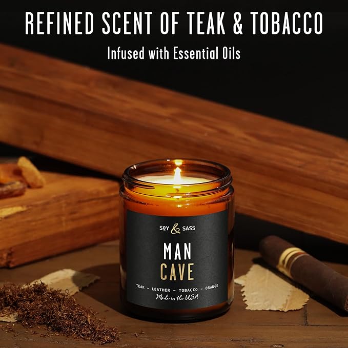Man Cave Candle I Scented Black Candles for Men - Rich Teakwood & Tobacco Soy Wax Mens Candle - Infused w/Essential Oils | Masculine Manly Candles for Men I 50Hr Burn, 9oz I Non Toxic I Made in USA
