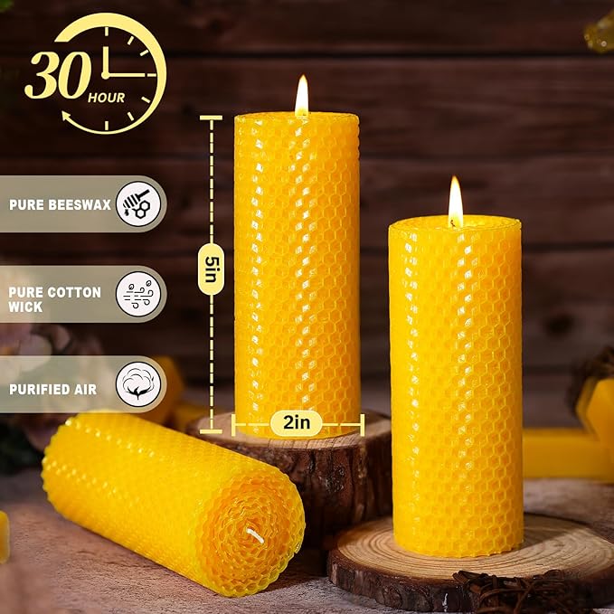 8 Pack Beeswax Pillar Candles,Pure Natural Beeswax Candles-160 Hours Long Burning for Emergency,Unscented Bees Wax Candle for Home,Prayer,Dripless Smokeless Organic Bees Wax Candle Bulk 2x5in