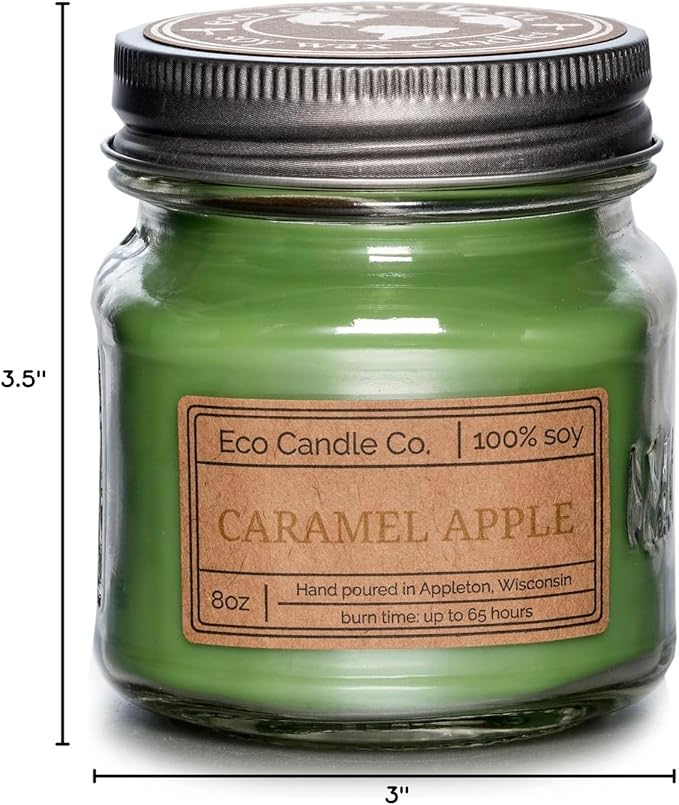 ECO CANDLE CO. Recycled Candle, Caramel Apple, 8 oz. - Scents of Granny Smith Apples and Creamy Caramel - 100% Soy Wax, No Lead, Kraft Paper Label & Lid, Hand Poured, Phthalate Free, Midwest Soybeans