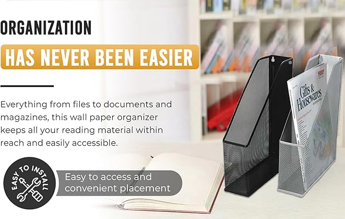 YBM HOME Wall Magazine Holder and Desk Organizer Rack Keeps Up to 20 Magazines Upright, Steel Mesh Magazine Desk Organizer and File Storage for Home and Office - Black