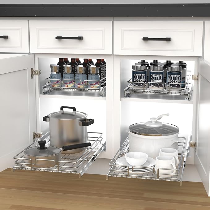 Pull Out Cabinet Organizer, Heavy-Duty Metal Sliding Drawer Shelf for Kitchen Cabinets, Chrome, Doesn't Include Door Fittings (20 * 21 IN)