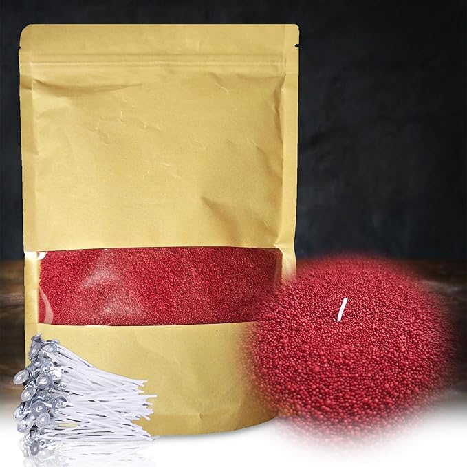 DRMAISON Pearled Candle Wax Sand DIY Kit - 35.3 oz, Cherry Red, Non-Toxic&Smoke-Free, Refillable with 60 Wicks, Long-Lasting Flame, Highly Customizable for Wedding, Party&Holiday Decor