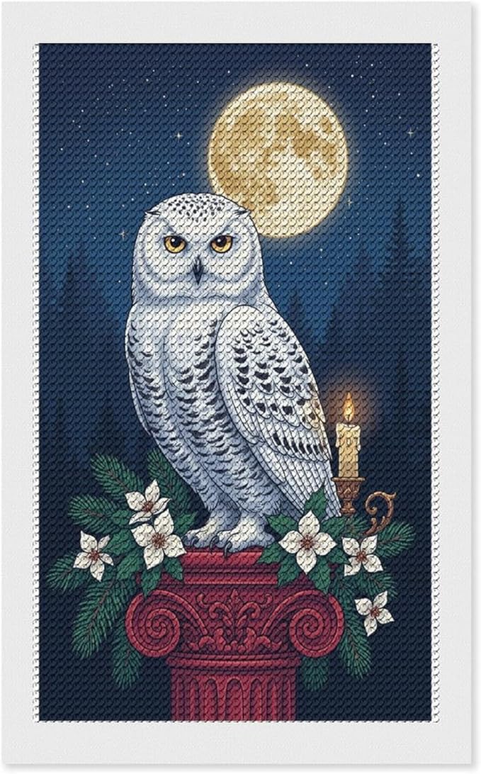 KIVJMSIDJA Snowy Owl & Candle Glow - Winter Night Scene Diamond Art Kits for Adults for Beginners, 5D Full Diamond Art Paint 12"x20"