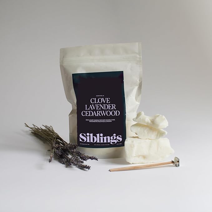 Siblings Candle Refill Kit – DIY Coconut Soy Wax Candle Making Kit for Reusable Vessels – Non-Toxic Clean Burn, Wooden Wick – Scent No 05: Clove, Lavender, Cedarwood – 60 Hour Burn