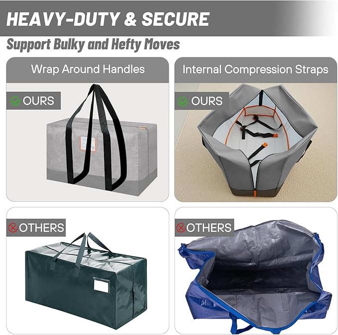 6 Pack Large Moving Bags, 115lb Capacity Heavy Duty Packing Bags with Internal Compression Straps, Storage Bag with Zippers and Strong Handles, Alternative to Moving Boxes -103L,Grey and Black