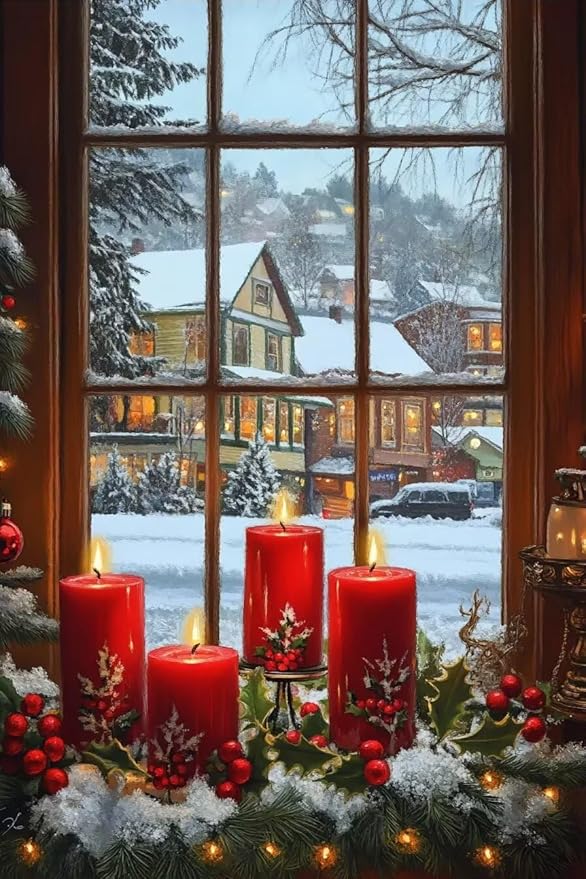 TMOLZ DIY Festive Candle Window Diamond Painting - 5D Scenery Craft Set for Adults, Luxe Wall Art Gift for Holiday Decor - 8x12 Inch