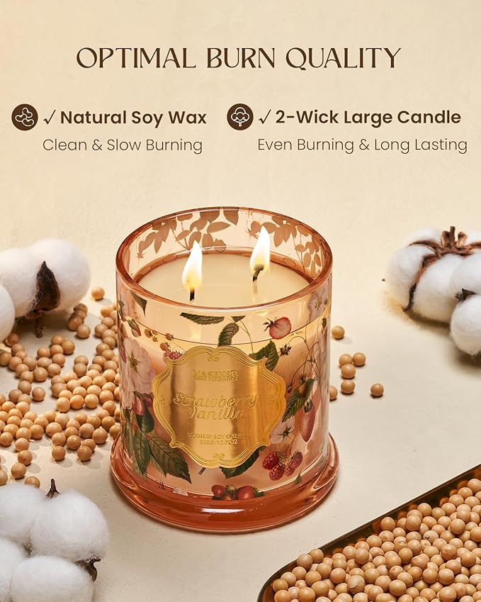 M&SENSE Strawberry Vanilla Soy Candle, Natural 12.7oz 75 Hour Long Lasting Slow Burning, Winter Aromatherapy Candle for Home Relaxation, Housewarming New Year Gifts for Women