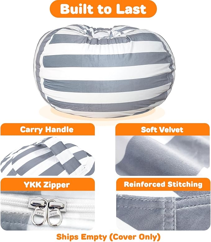 Lukeight Stuffed Animals Storage Bean Bag Chair Cover Only (Ships Empty, No Filling) - Velvet YKK Zipper Beanbag Cover for Big Kids and Teens, Washable Plush Toy Organizer, XX-Large 36" D x 20" H
