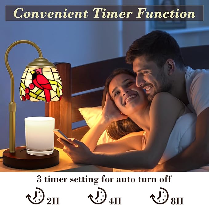 Candle Warmer Lamp with Timer Dimmer, Adjustable Height Candle Warmer for Jar Candles, Birthday Gifts for Women New Home Bedroom Decor Tiffany Red Cardinal Style Stained Glass with 2 Bulbs