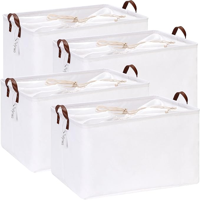 Hinwo 70L Extra Large Storage Bins, 4-Pack Closet Organizers and Storage, Foldable Clothing Storage Basket with Handles, Containers for Clothing, Blanket, Comforters, Bedding (White)