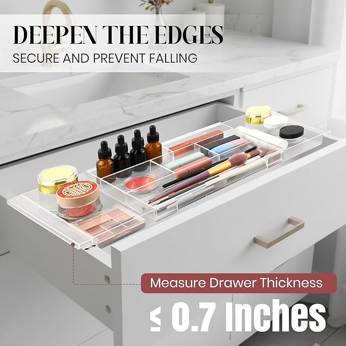 4pack Shallow Expandable Drawer Organizer, Adjustable 12.5”–20” Clear Plastic Drawer Organizer Tray for Vanity Bathroom Desk Kitchen Drawers, Multi Compartment Storage