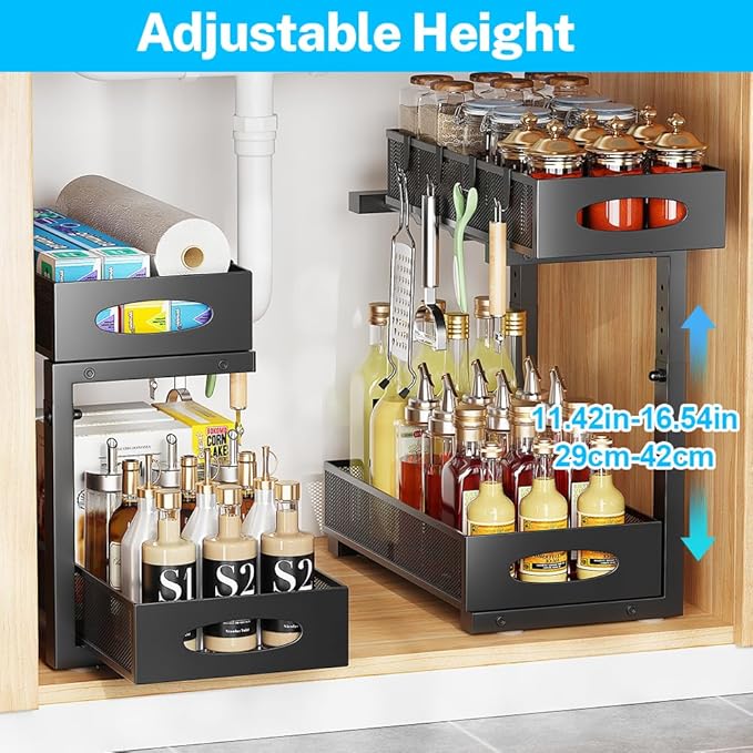 1 Pack Under Sink Organizer and Storage, 2 Tier Pull Out Sliding Cabinet Shelf, 5-Level Height Adjustable Thickened Carbon Steel Storage Rack for Kitchen Bathroom Cabinet, Black