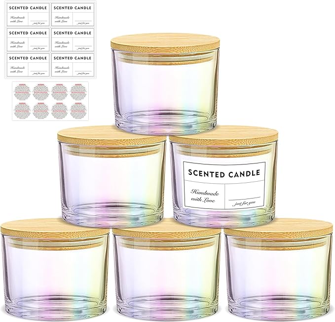 SUPMIND 16oz 3 Wick Candle Jars 6 Pack - Large Empty Iridescent Wide Mouth Glass Candle Making Jars with Bamboo Lids and Stickers and Labels, Bulk Candle Containers for Making Candles