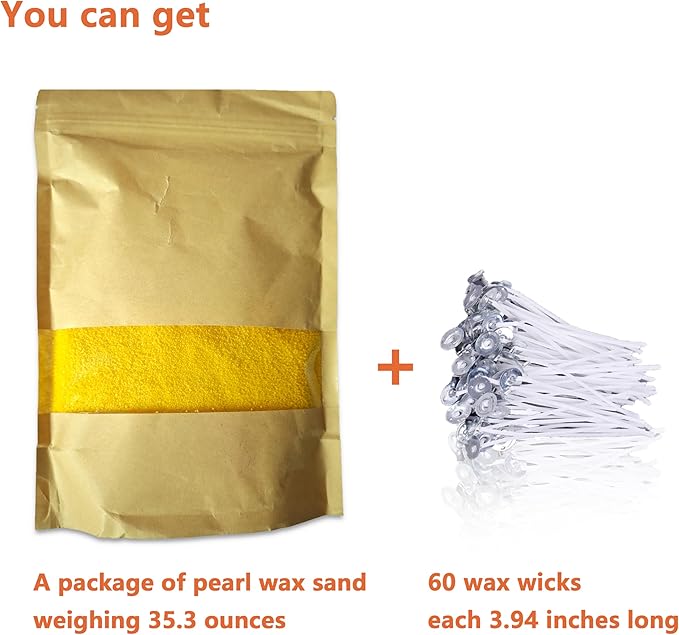 DRMAISON Pearled Candle Wax Sand DIY Kit - 35.3 oz, Golden Yellow, Non-Toxic&Smoke-Free, Refillable with 60 Wicks, Long-Lasting Flame, Highly Customizable for Wedding, Party&Holiday Decor