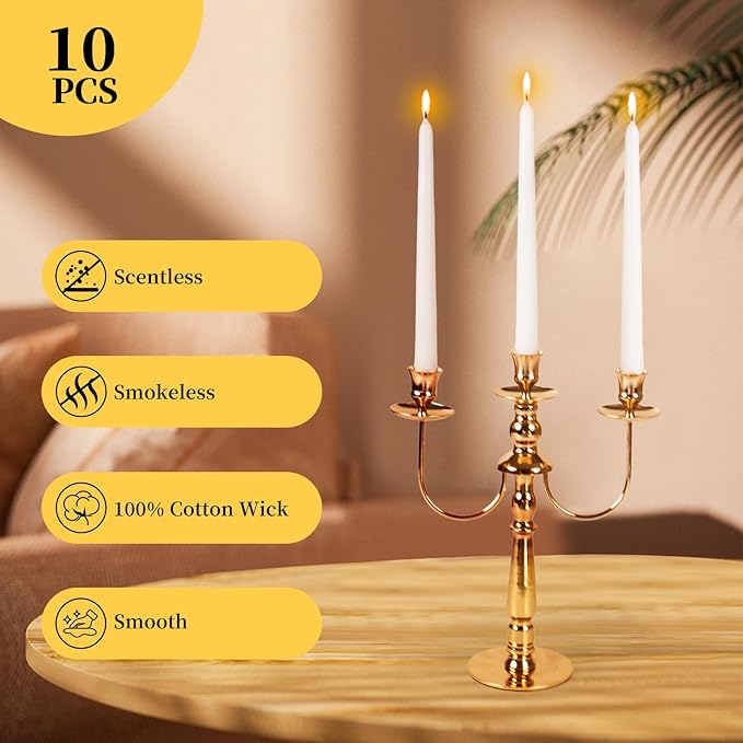 KONNI 0.87×10 Inch White Taper Candles, Unscented and Smokeless Tall Candlesticks, 10 Pack Tapered Candles with Cotton Wicks, Long Burning, Ideal for Weddings, Dinner Parties, and Home Décor